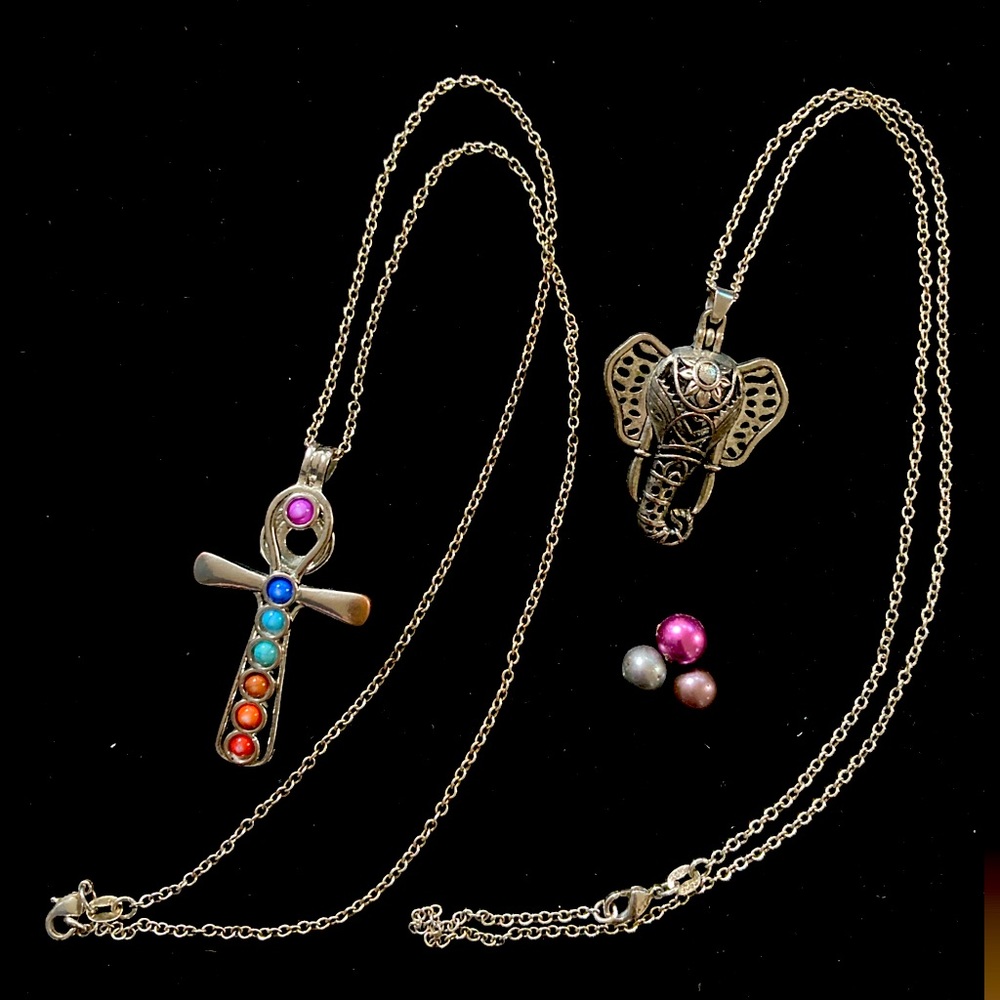 4 pc set plus 6 pearls Ankh Chakra, Lucky Elephant with 2x20” 925 Silver Chains